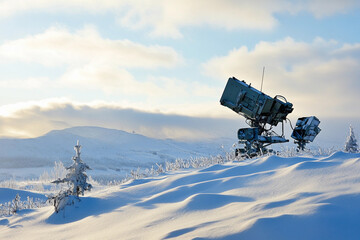 Obraz premium Snowy mountain landscape with surveillance equipment in winter