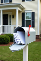 Open mailbox with letters in front of a suburban home, depicting everyday mail delivery