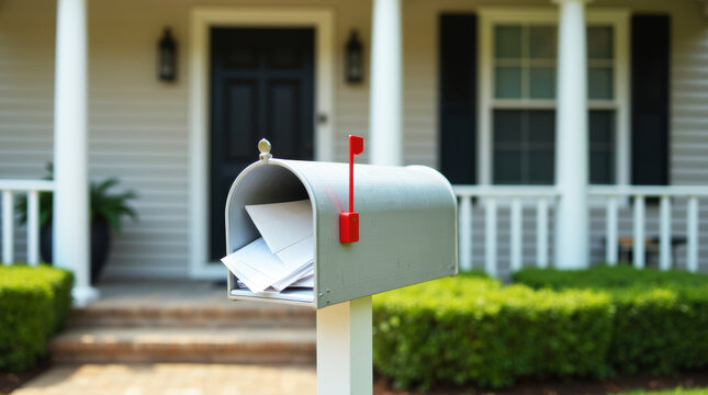 Classic American mailbox with open lid revealing letters and flyers, set against a suburban house
