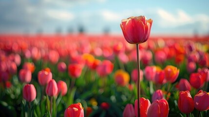 Obraz premium Single pink tulip in focus, surrounded by a field of blurred red and orange tulips under a bright sky.