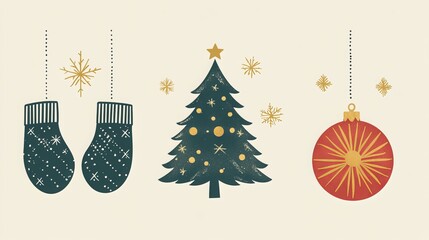 Celebrate the holidays with elegant Christmas and New Year greeting cards. These sophisticated icons feature a Christmas tree, ball, and mittens in a modern abstract style