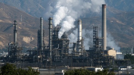 Obraz premium Industrial smoke emissions mitigation efforts urban oil refinery environmental impact study industrial landscape aerial view sustainability focus