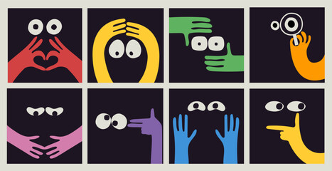 Comic emoji color icons with hands and eyes. Various finger gestures, signs and symbols. Vector cartoon abstract trendy flat isolated face emotions set