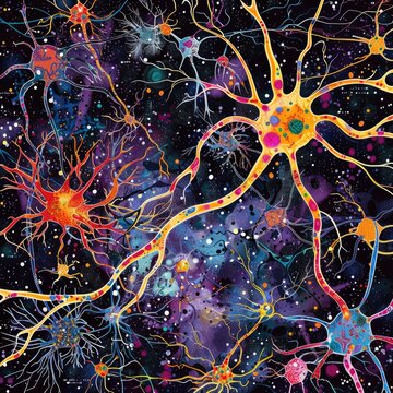 Abstract artwork featuring colorful neurons in a galaxy-like background.