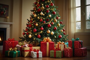 A beautifully decorated Christmas tree with presents underneath