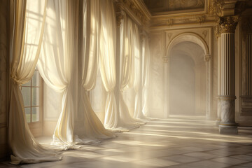 Architectural Photography of an Elegant Baroque Room with Flowing Drapes, Columns, Misty Atmosphere Photo Overlay

