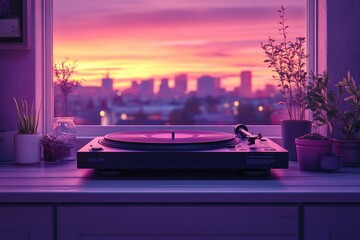 A turntable on a windowsill with a vibrant sunset view and potted plants.