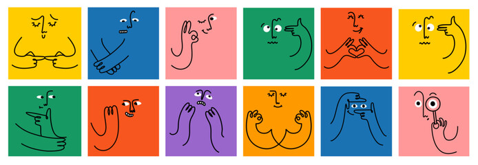 Comic emoji color icons with hands and eyes. Various finger gestures, signs and symbols. Vector cartoon abstract trendy flat isolated face emotions set