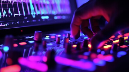 Vibrant dj performance at nightclub music production scene colorful lights intimate atmosphere close-up view modern sound mixing