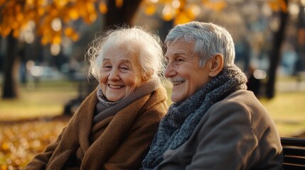 Abuelos tiernos sentados en un barco de un parque en otoño. Miradas felices, disfrutando de la tarde.