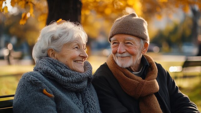 Abuelos tiernos sentados en un barco de un parque en oto&ntilde;o. Miradas felices, disfrutando de la tarde.