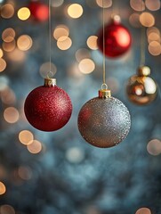 Sparkling Christmas Ornaments Hanging Against a Festive Background