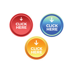 colourful Click here round button with arrow pointer clicking icon web button. UI button vector. Vector illustration
