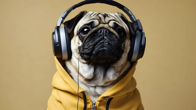 adorable pug adphones cute space text music hoodie smiling dog happy portrait breed yellow listening pet animal attraction baby banner beautiful brown 