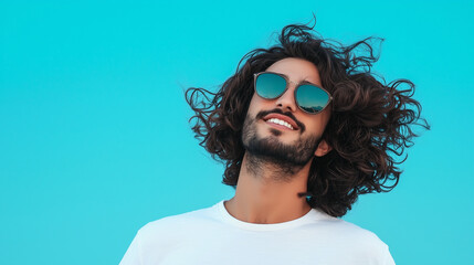 a happy young man with long curly hair and sunglasses on a blue background. Concept with copy space.