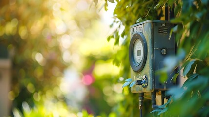 Naklejka premium Close up view of electric meter on building facade with blurred garden background