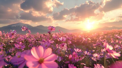 Fototapeta premium A vibrant field of flowers basking in the summer sunlight.