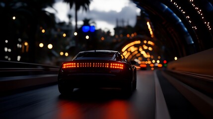 Night Drive Through Futuristic City Tunnel: Sleek Car's Rear Lights Illuminate the Road Ahead