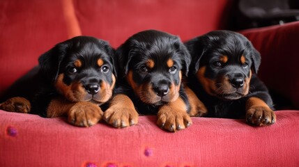 Cachorros de rottweiler sobre un sof&aacute; rojo, concepto de mascotas y salud veterinaria