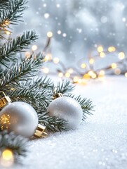 White Christmas Ornaments on Snowy Background with Festive Lights