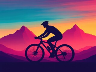 Fototapeta premium Silhouette of a Mountain Biker Against a Vibrant Sunset with Majestic Mountains and Colorful Sky in the Background, Perfect for Adventure and Outdoor Themes