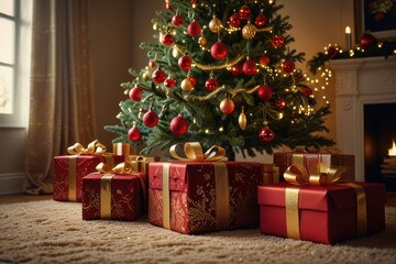 A beautifully decorated Christmas tree with presents underneath