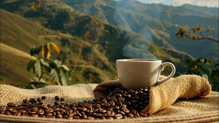 A cup of coffee from coffee beans in a burlap bag with beans