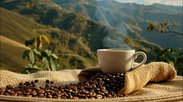 A cup of coffee from coffee beans in a burlap bag with beans