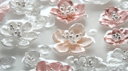 Fototapeta premium Delicate white and pink flowers floating gently on a pure white background, evoking feelings of serenity and elegance.