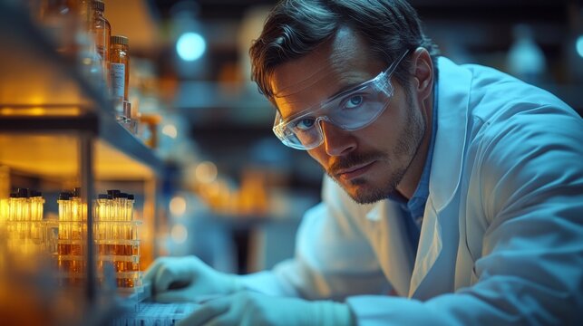 Cient&iacute;fico con equipo de seguridad investigando en estudios de virus.
