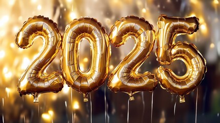 Elegant golden foil balloons shaped as "2025" against a transparent background, ideal for bringing in the New Year with a burst of joy and style.