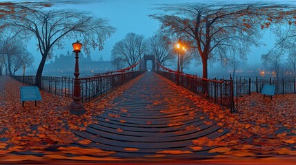 Misty autumn bridge scene at dawn.