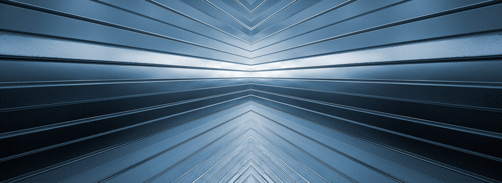 Abstract illuminated background with radiating stripes. Gray-blue rays diverge from a vertical central axis. Illustration.