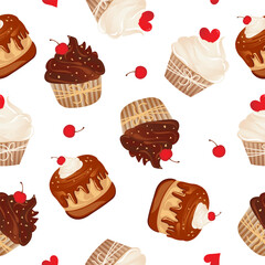 Seamless pattern for kitchen decor and more. Delicious cupcake with whipped cream and cherry. Vector cartoon illustration of sweet food.