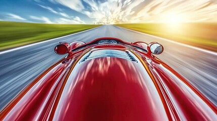 Obraz premium Red Classic Car Speeding on a Sunny Road