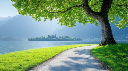 Scenic lakeside path, tree, castle, mountains, sunlight.