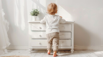 Curious Toddler Exploring a Bright Minimalist Room with White Furniture and Natural Light