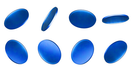 Resource 3D rendering of blue colored coins in different positions. Concept: Business, finance, gold, coins.