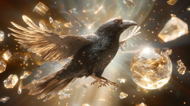 Celestial raven guides seekers to higher knowledge ethereal dimension digital art mystical environment dramatic perspective