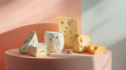 Assorted Cheeses Displayed on Pink Platform