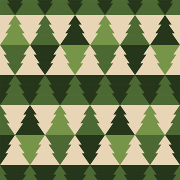 Vector green geometric Christmas tree seamless pattern background inspired by ugly Christmas jumpers. Ideal for Christmas gifts and decorations. Perfect for fabric, wallpaper, wrapping, scrapbooking