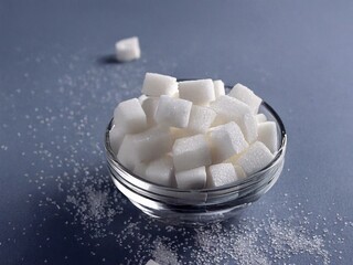 Glass bowl overflowing with refined white sugar cubes on blue background