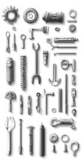 Obraz premium Theme: Mechanical Workshop, Tools, Icon Set, Shapes, Objects, on White Background, Abstract Image, Texture, Pattern Background, Wallpaper, Cover and Screen of Smartphone, PC, Laptop, 9:16 and 16:9 For