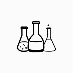 Outline illustration of various laboratory glassware including flasks and beakers for chemistry and research
