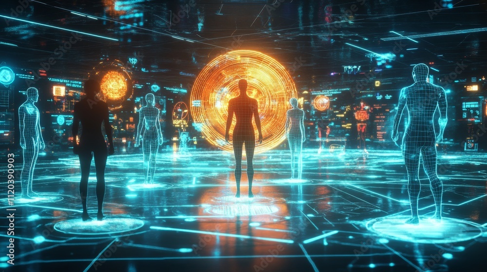 Poster futuristic digital interaction event virtual realm 3d visualization tech environment immersive exper
