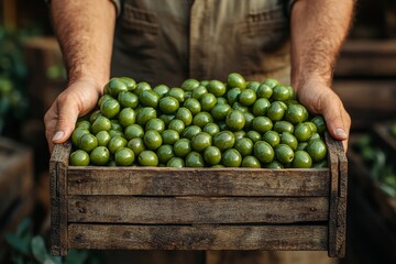 Granjero con caja de aceitunas.