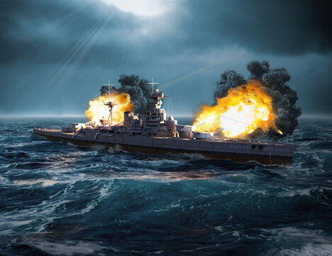 The British battleship HMS Hood fires a broadside at the German battleship Bismarck