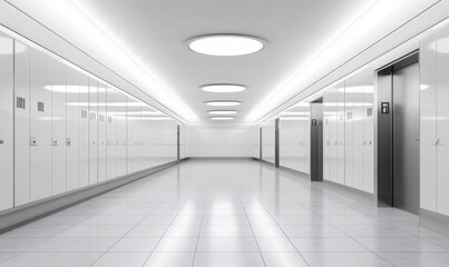 Fototapeta premium Modern, bright hallway with white walls, tiled floor, and elevator.