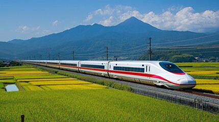 Fototapeta premium High-speed train traveling through picturesque countryside with lush rice fields under a bright blue sky and mountains in the background, showcasing modern transportation and nature's beauty.