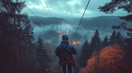 Trabajadores, haciendo su labor con torres de alta tensión e industria eléctrica.